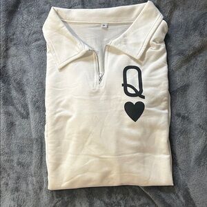 White Quarter-Zip Pullover with Black Queen of Hearts Design